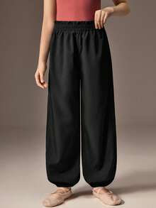 SHEIN Tween Girls Black Ballet Casual Pants, Fashionable Soft Fabric Ballet Training, Everyday Wear, Dance Practice Pants, Sports Pants, Everyday School Life. - Black and White - View 3