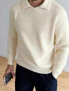 Manfinity Homme 男士休闲纯色长袖翻领毛衣 - 米色 - 查看 1