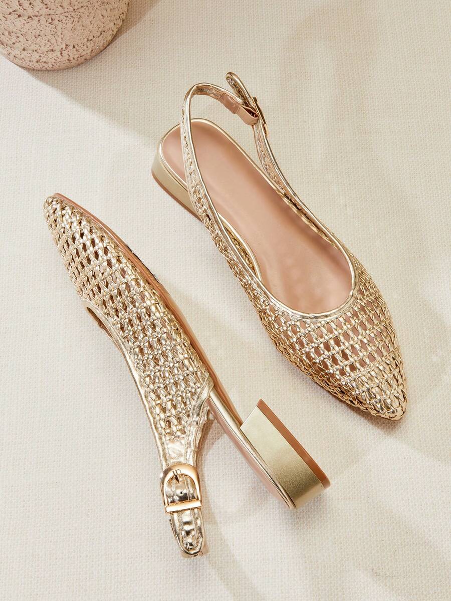 SHUZIA Mulas de tacón de bloque con punta puntiaguda y estilo metalizado de PU dorado trenzado para mujer - Comodidad fresca y elegante estilo de verano - Dorado - Ver 1