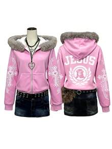 INAWLY Casual Fashionable Streetwear Cool Jesus Cross Slogan Zip-Up Sweatshirt For Women - Pink - View 3