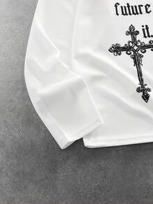 ROMWE MEN Street Life 男士休闲十字架标语印花长袖T恤，秋季款 - 白色 - 查看 4