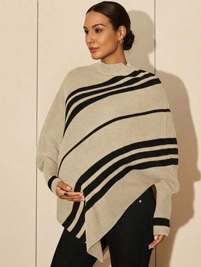MaterniWear Maternity Striped Print Asymmetric Hem Fashionable Long Sleeve Sweater