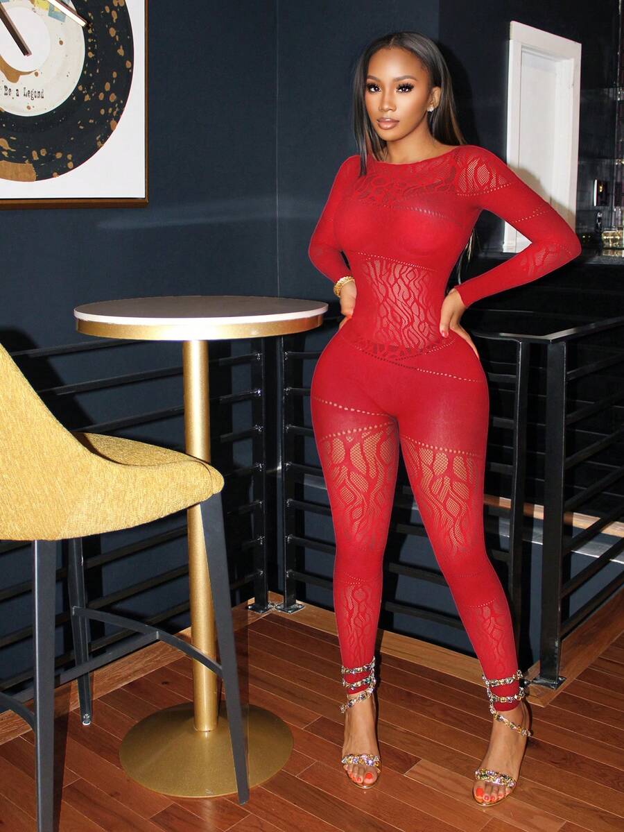 BamGleam Women's Sexy Mesh Hollow Fishnet Bodysuit - Burgundy - View 1