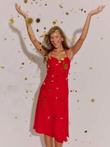 Aralina Lightweight Smooth Knit Fabric Spaghetti Strap Ruched Bust Slim Fit Midi Silhouette Summer Dresses For Women Sexy Vacation Dress - Red - View 9