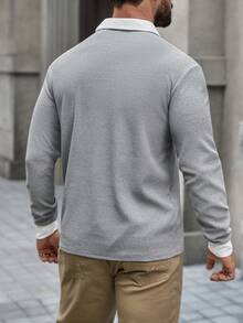 Manfinity CasualCool 男士休闲撞色长袖Polo衫，秋季男士针织衫，男士翻领Polo衫，男士长袖Polo衫 - 淺灰色 - 查看 2