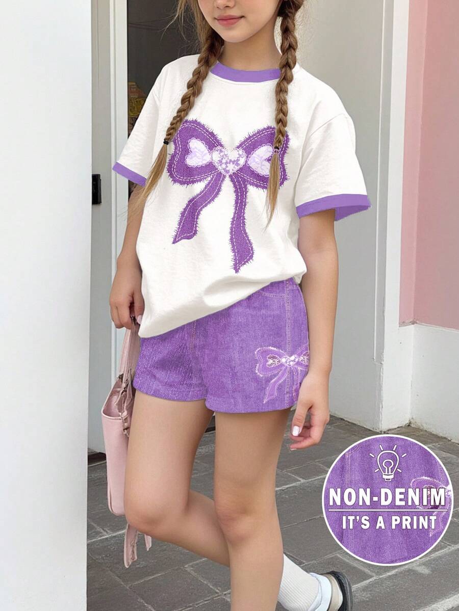 SHEIN Leap Crew 2件套少女休闲蕾丝拼接蝴蝶结图案短袖圆领T恤和短裤套装,适合夏季凉爽天气穿着 - 彩色 - 查看 1