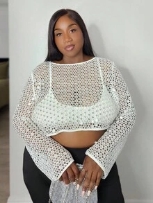 Truni Capa Plus Size Curva para Mulheres Branca, Malha Brilhante e Requintada, Vazada, para Cobertura de Maiô Bikini em Festivais de Música, Decote Redondo, Manga Longa Solta - Branco - Visão 5
