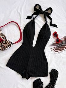 Soleia Women's Vacation Black Knit Fairy Crinkle Texture Deep V Neck Tie Front Bodysuit, Slim Fit, Suitable For Party, Christmas, Date Night, Nightclub, Bohemian, Boho, Vacation, Fall One Piece Romper Knitted Bathing Suit Sexy Vacation Outfits Beach Club Outfit - Black - View 4