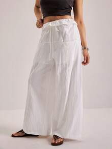 Freevana Plus Size Women Casual Drawstring Waist Loose Wide Leg Pants, Solid Color, Versatile For Vacation, Daily Commute White Pants  Casual Wide-Leg Pants - White - View 7