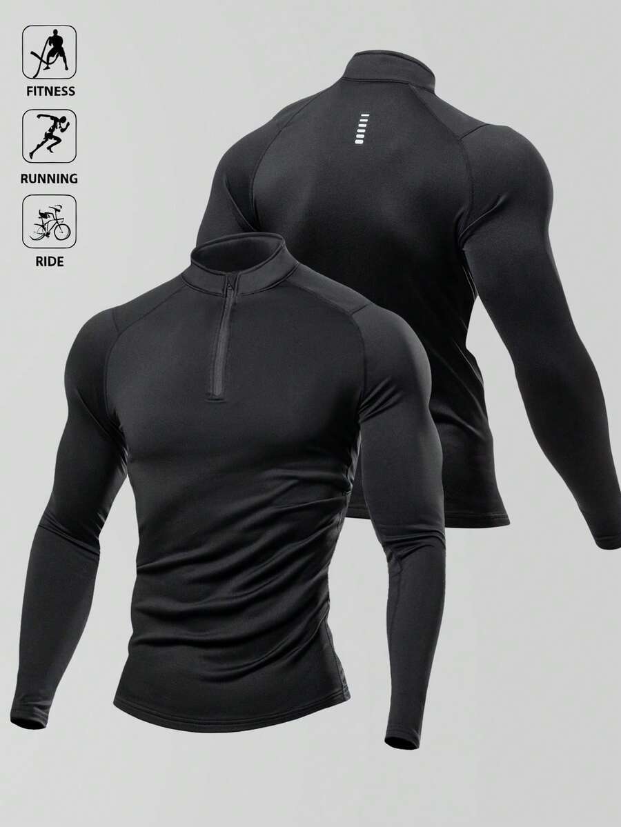 Manfinity Sport Polished 男友风男士半拉链插肩袖运动休闲纯色长袖夹克慢跑健身夹克修身衬衫秋季 - 黑色 - 查看 1