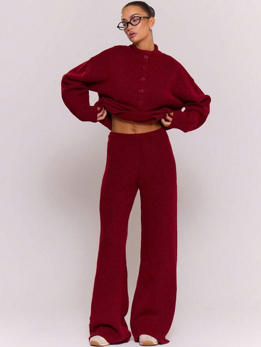 MUSERA Pantalones de punto con detalles de botones de pierna ancha, conjunto a juego, para salir en invierno, uso diario, salida nocturna, casual, cool, ropa de calle, lavado, elegante, pantalones de chándal, primavera, Día de San Valentín - Burdeos - Ver 1