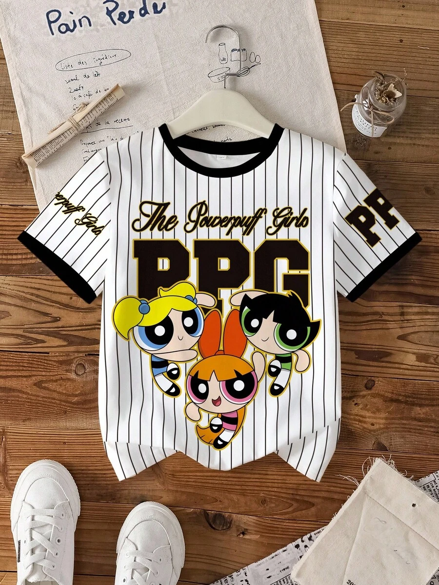 THE POWERPUFF GIRLS X SHEIN 少女夏季条纹花朵、泡泡、毛茛图案短袖 T 恤 - 白色 - 查看 1
