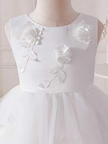 Glamorique Kids Mädchen Weiß 3D Blumen ärmelloses Tüll Volant Kleid, elegantes Blumenmädchen Hochzeitsgast Party Kleid