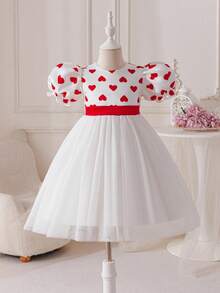 Glamorique Kids Valentine's Day Heart Print Mesh Patchwork Bow Decor Puff Sleeve Party Dress For Young Girls - White - View 2