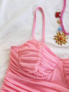 Soleia Red Ruffled Mesh Slip Dress, Suitable For Holiday, Date, Afternoon Tea, Vacation, Music Festival, Boho Style,Pink Birthday Summer Cute - Baby Pink - View 5