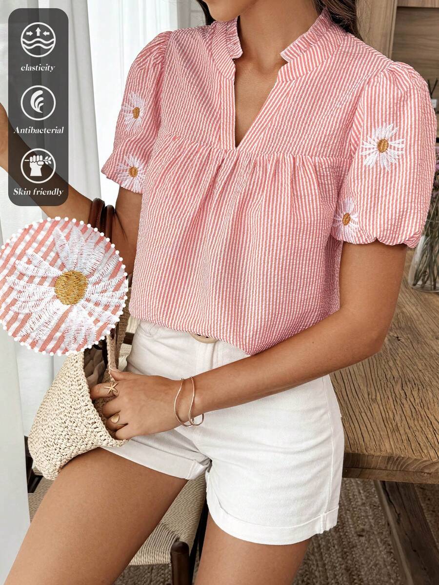 SHEIN Holidaya 女士休闲度假条纹雏菊刺绣荷叶边泡泡袖宽松衬衫，夏季 - 粉色 - 查看 1