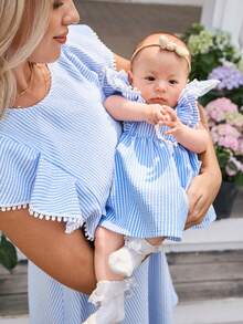 Newborn Baby Girl Blue And White Striped Ruffled Hem Dress, Summer - Baby Blue - View 8