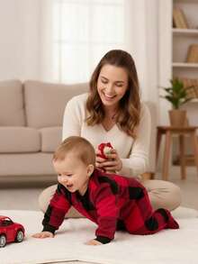 Newborn Baby Plaid Round Neck Footed Unisex Romper Plaid Christmas Pajamas Fall Winter - Apricot - View 1