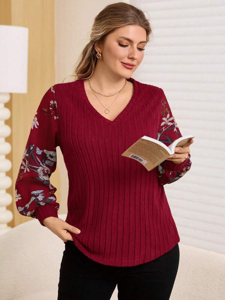 Plus Size Women Floral Print V-Neck Lantern Sleeve Fashion T-Shirt For Autumn