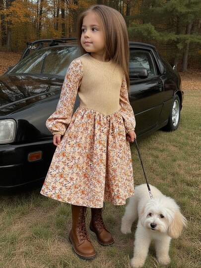 SHEIN Girls' Floral Knit-Blend Dress Charming Long-Sleeve Dress: Ribbed Knit Top + Flowy Floral Skirt. Versatile Casual Style For Tween Girl-Perfect For School, Picnic Outings, Family Gatherings Or Weekend Strolls. Comfy, Stylish, And Easy To Dress Up Or Down For Daily Looks.