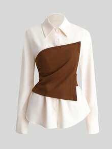 Franclia Women's Elegant Collared Long Sleeve Shirt With Waist Design And High-Waisted A-Line Skirt Two Pieces Set, Casual & Slimming, Brown - Brown - View 7