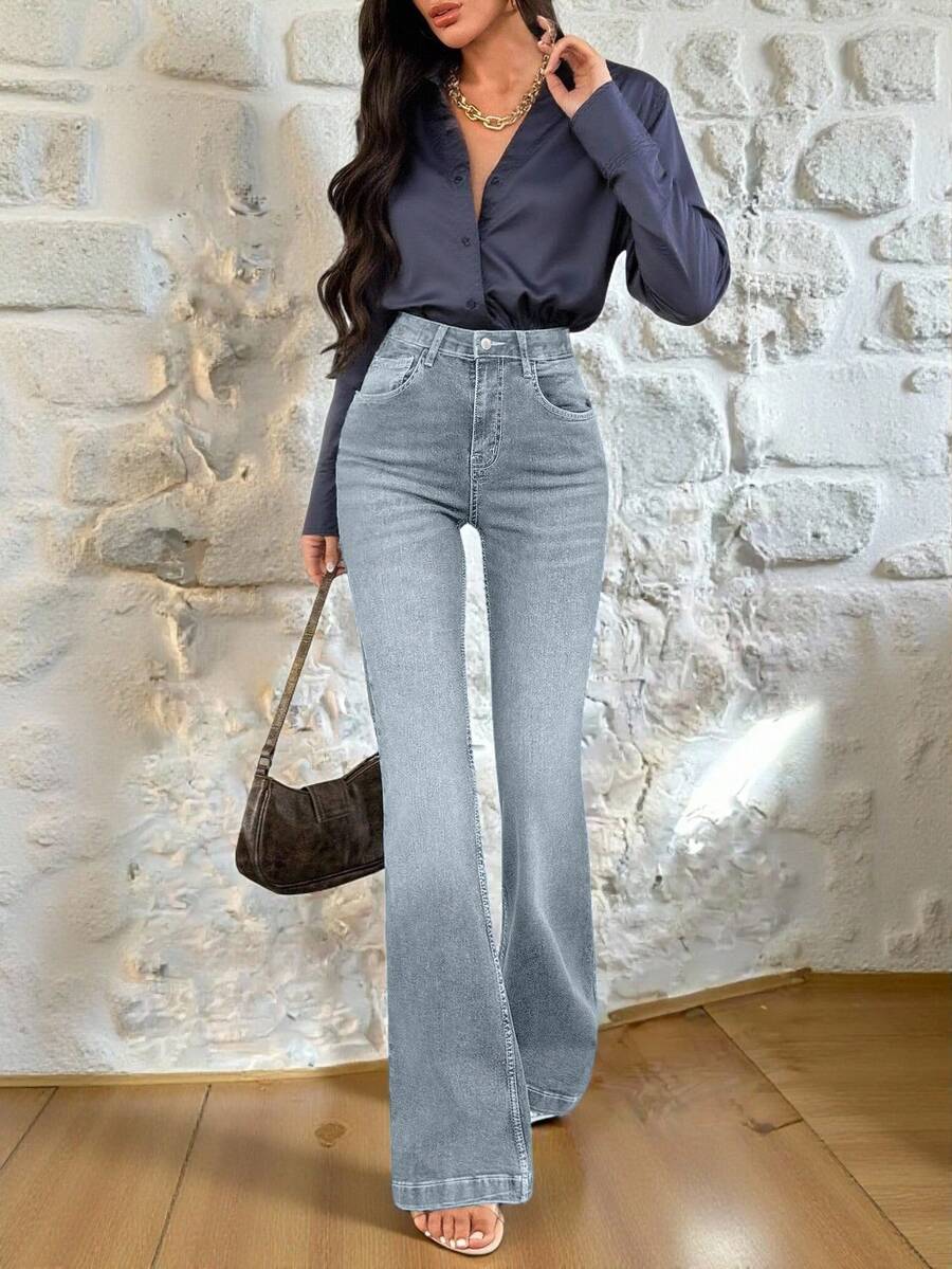Woman Stretch High Waist Bootcut Denim Jean - Baby Blue - View 1