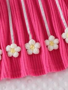 SHEIN Toddler Girls' Knitted Ribbed Crew Neck Long Sleeve Big Bow 3D Floral Sweater Dress, Sweet & Cute, Spring/Autumn - Hot Pink - View 7
