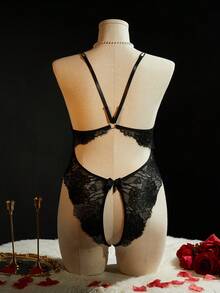 SpicyHot Lingerie tuta intera con fiocco e pizzo per donna taglie forti - nero - Visualizzare 2