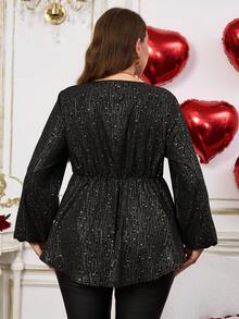 EMERY ROSE Große Größen Damen Valentinstag Gold Folie Allover-Muster Schlüsselloch-Ausschnitt Laternärmel Babydoll Top, geeignet für Frühling und Herbst, Ausgehen, 2025 Neu, einfach und modisch für den Alltag, Große Größen Winter, bequem und atmungsaktiv, Weihnachten für Damen, Neujahr, geeignet für verschiedene Anlässe, Weihnachten, Dates für Damen, Nachtparty, elegante Party, Dates für Damen, Thanksgiving für Damen, geeignet für den Valentinstag - Schwarz - Übersicht 2