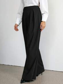 SHEIN Tall 女款休閒百搭純色高腰寬腿褲，適合高個女性 - 黑色 - 查看 6