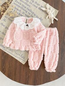 SHEIN 2pcs Baby Girls Floral Collar Cute Bow Long Sleeve Top And Comfortable Coral Fleece Plaid Rabbit Pants Homewear Set, Autumn/Winter - Apricot - View 1
