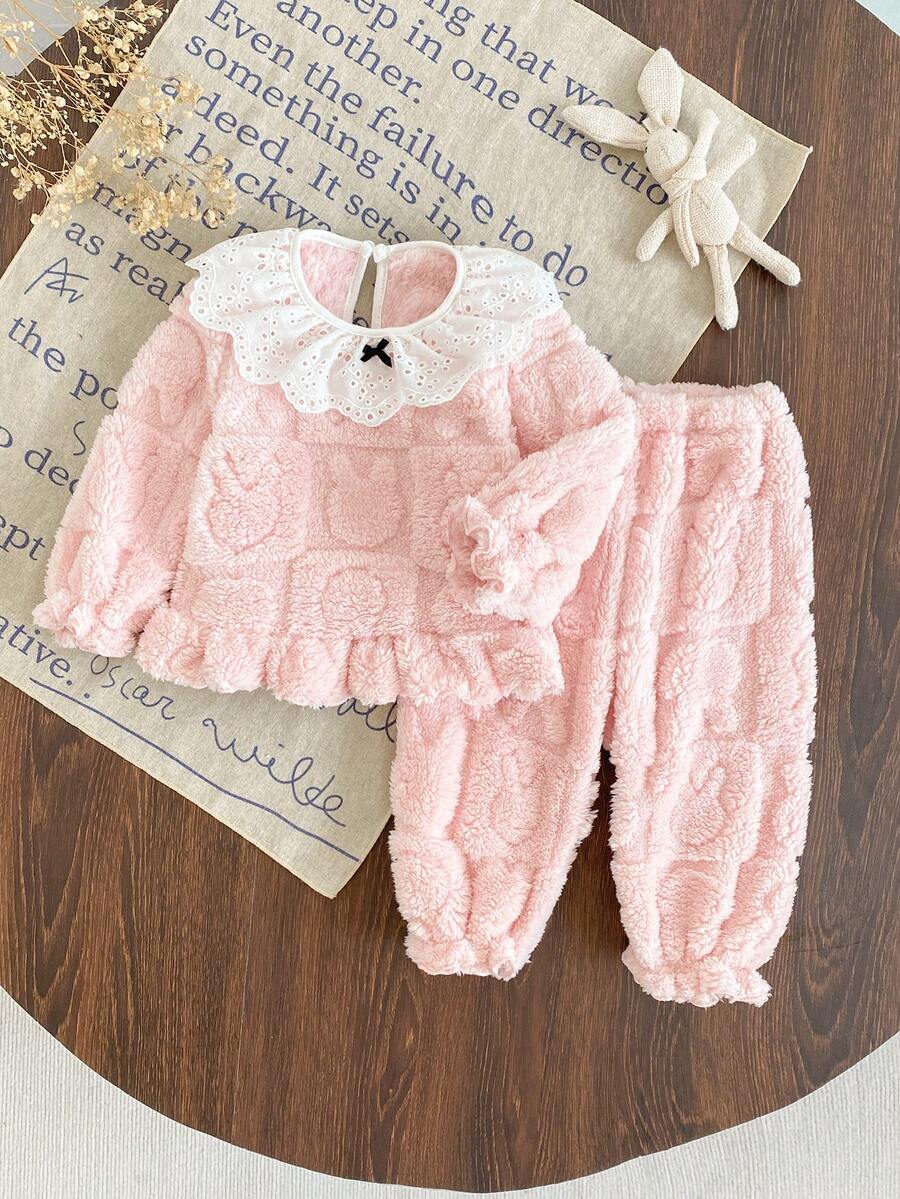 SHEIN 2pcs Baby Girls Floral Collar Cute Bow Long Sleeve Top And Comfortable Coral Fleece Plaid Rabbit Pants Homewear Set, Autumn/Winter - Apricot - View 1