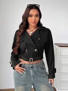 SHEIN EZwear Áo khoác trench coat đen cắt ngắn phong cách cổ điển cỡ lớn có cổ - màu đen - Xem 8