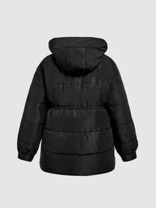 SHEIN MOD 大码女式黑色中长款连帽棉服外套、束腰长款棉服外套、连帽长款冬季夹克、基本款冬季棉服外套 - 黑色 - 查看 9