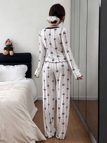 SHEIN Cute Bow Print Lace Trim Pajama Set, Fall & Winter Clothes - Apricot - View 2