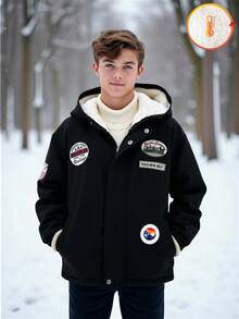 1pc Boys' Collegiate Style Chest Patch Black Jacket, Suitable For Autumn/Winter Outdoor Wear Fall