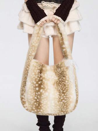 Fairycore 1pc Women's High-Quality Deer Plush Large Capacity Shoulder Tote Bag With Bow Ribbon