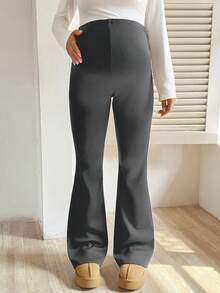 SHEIN Maternity Casual Solid Color Flared Pants With Thermal Lining, Autumn/Winter - Dark Grey - View 8