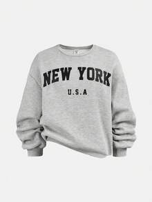 SHEIN Girlism Tween Girl Casual Daily Round Neck New York Letter Print Sweatshirt And Straight Leg Pants Set - Grey - View 4