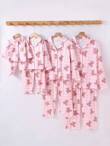 2pcs/Set Girls Sweet Pink Plaid Bear Print Long Sleeve Cardigan Top And Pants Homewear Set,Cute Winter Sleep Pajama Sets For Girls - Pink - View 1