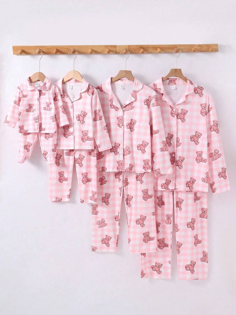2pcs/Set Girls Sweet Pink Plaid Bear Print Long Sleeve Cardigan Top And Pants Homewear Set,Cute Winter Sleep Pajama Sets For Girls - Pink - View 1