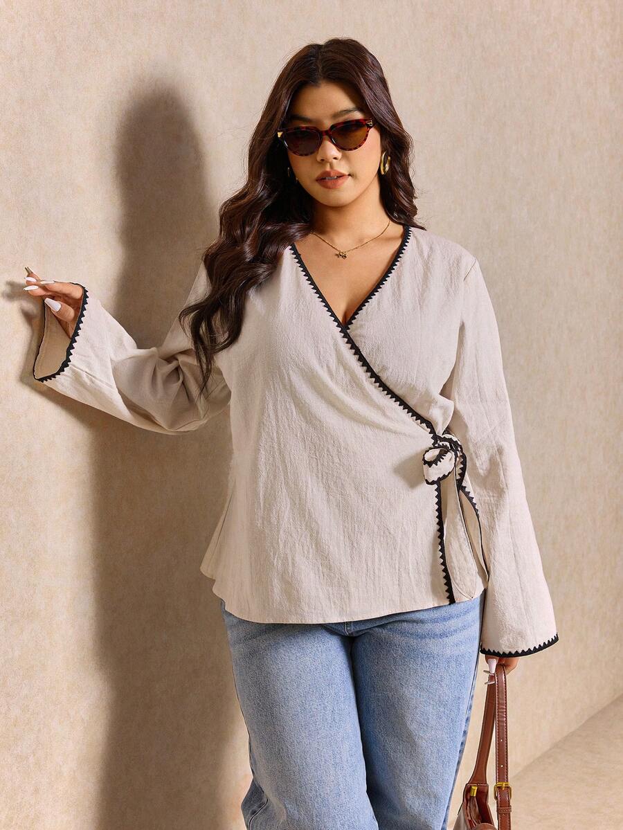 Elaquor Chemise marron à manches longues évasées avec volants pour femmes grandes tailles, convient pour les déplacements quotidiens