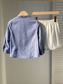 2pcs Set Young Boy Casual Cute Versatile Blue Long Sleeve Shirt & Elastic Waist Shorts Set, Suitable For Birthday Party, Rave, Evening Party, Performance, Wedding, Baby Shower, Christening, 1st Birthday Celebration, Wedding Guest, Baby Shower Christening Outfit Boys 2 Pieces Set Boys Summer Outfit Boys Shirt Shorts Set Boys Semi Casual Set Light Blue Boys Sky Blue And White Sets - Multicolor - View 2