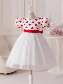 Glamorique Kids Valentine's Day Heart Print Mesh Patchwork Bow Decor Puff Sleeve Party Dress For Young Girls - White - View 7