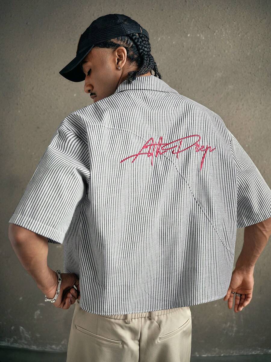 AXEPEAK Men's Letter Embroidery Striped Print Casual Short Sleeve Shirt - Multicolor - View 1