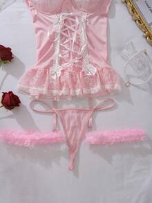 SHEIN Women's Sexy Contrast Lace Bow Decorated Bra Lingerie Set, 4pcs For Going Out - Pink - View 4