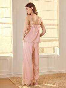 MOTF PREMIUM LACE TRIM PATCHWORK KNIT COMFORTABLE & ELEGANT PAJAMA SET - Pink - View 3