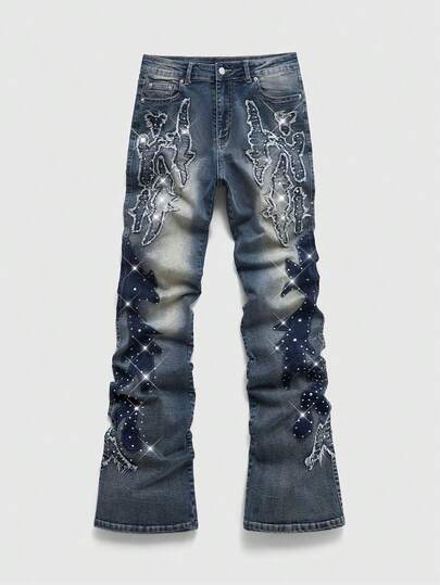 Jeans acampanados para hombres con bordados y decoración de rhinestones
