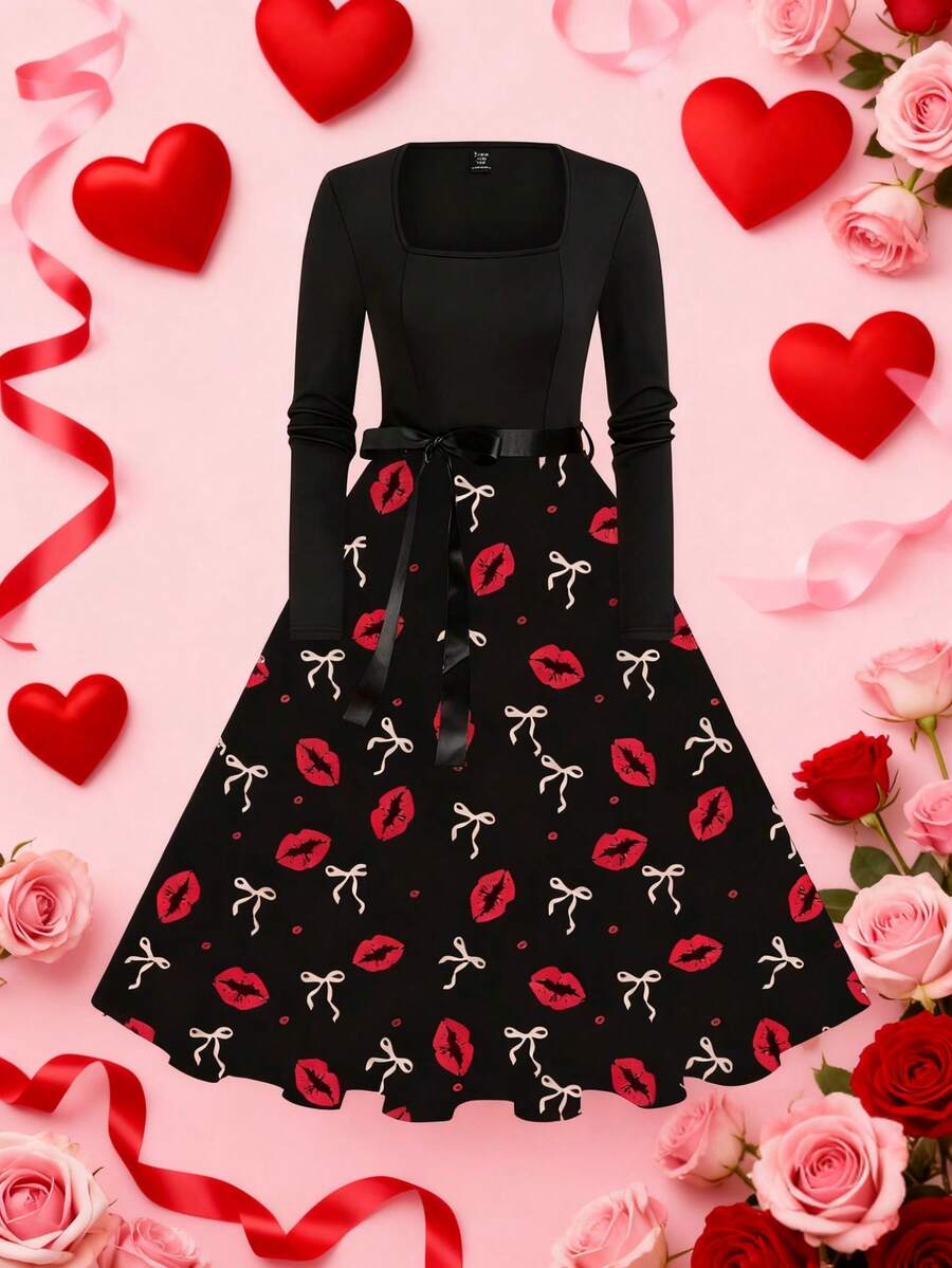 EMERY ROSE Plus Size Women's 1950s Vintage Square Neck Long Sleeve Cinched Waist Dress, Black And Red Lip Print Autumn Party Valentines Day Outfit - Black - View 1