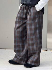 DAZY Tween Boy Casual Plaid Drawstring Waist Slant Pocket Loose Pants, Autumn - Brown - View 4